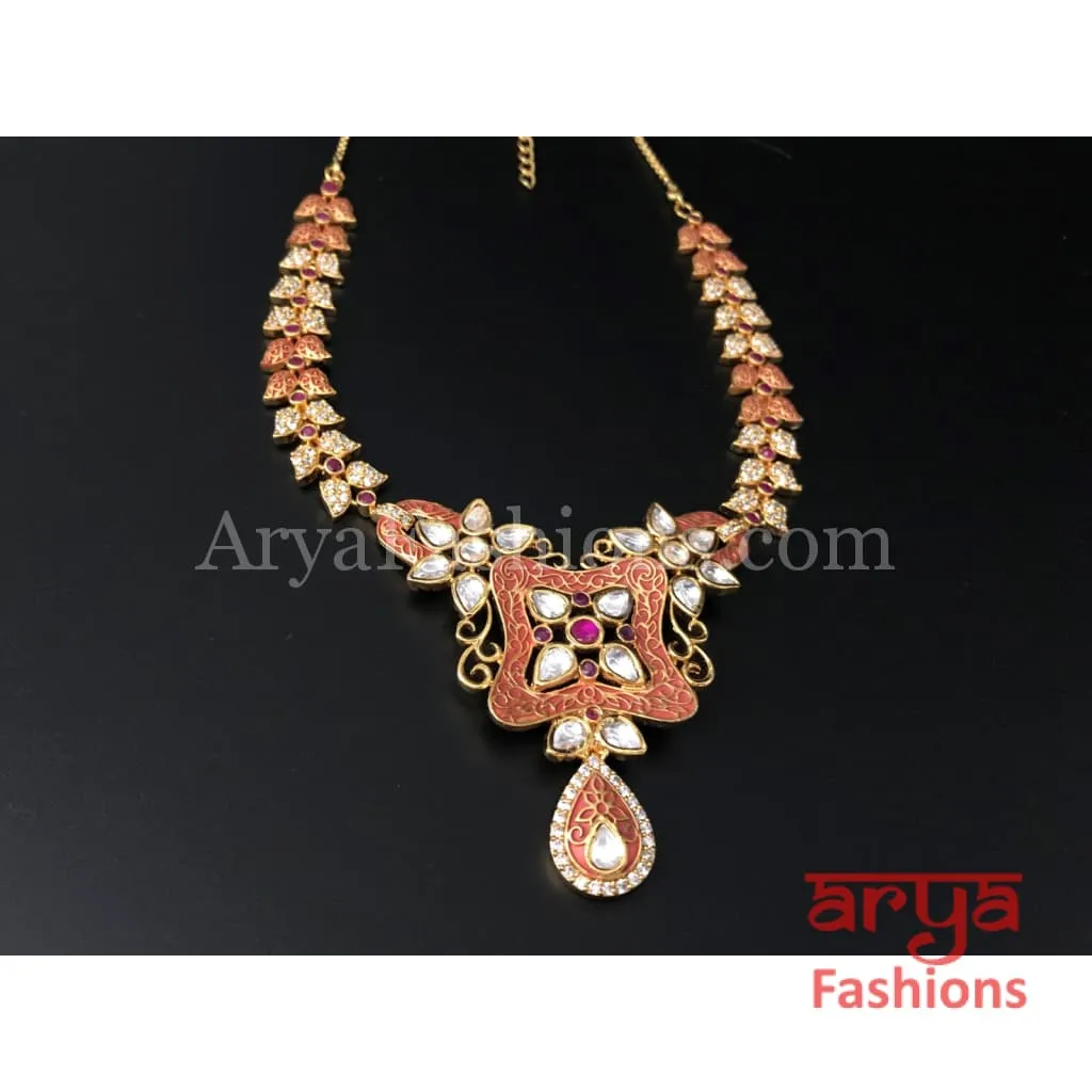 Kundan CZ Necklace with Geru Meenakari