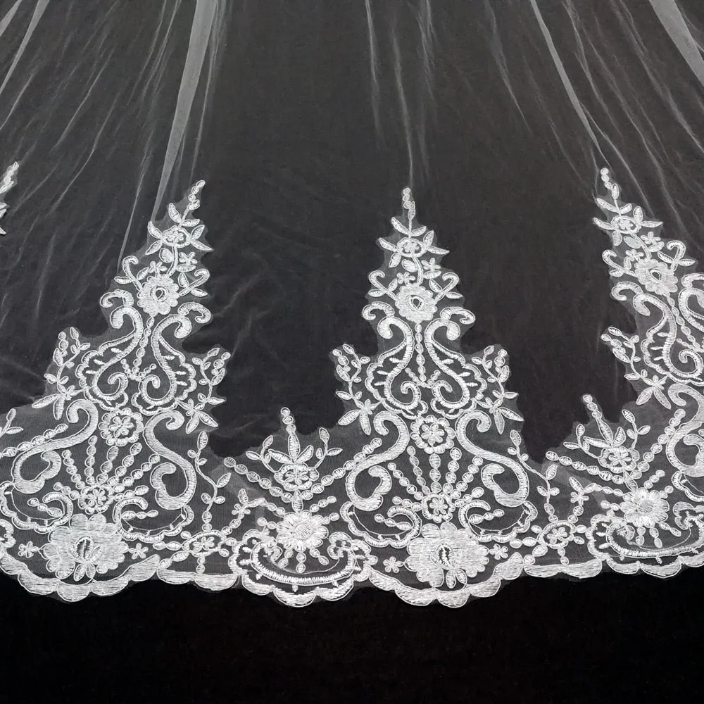 Lace Applique 2 Layer Edge Long Cathedral Bridal Wedding Veil