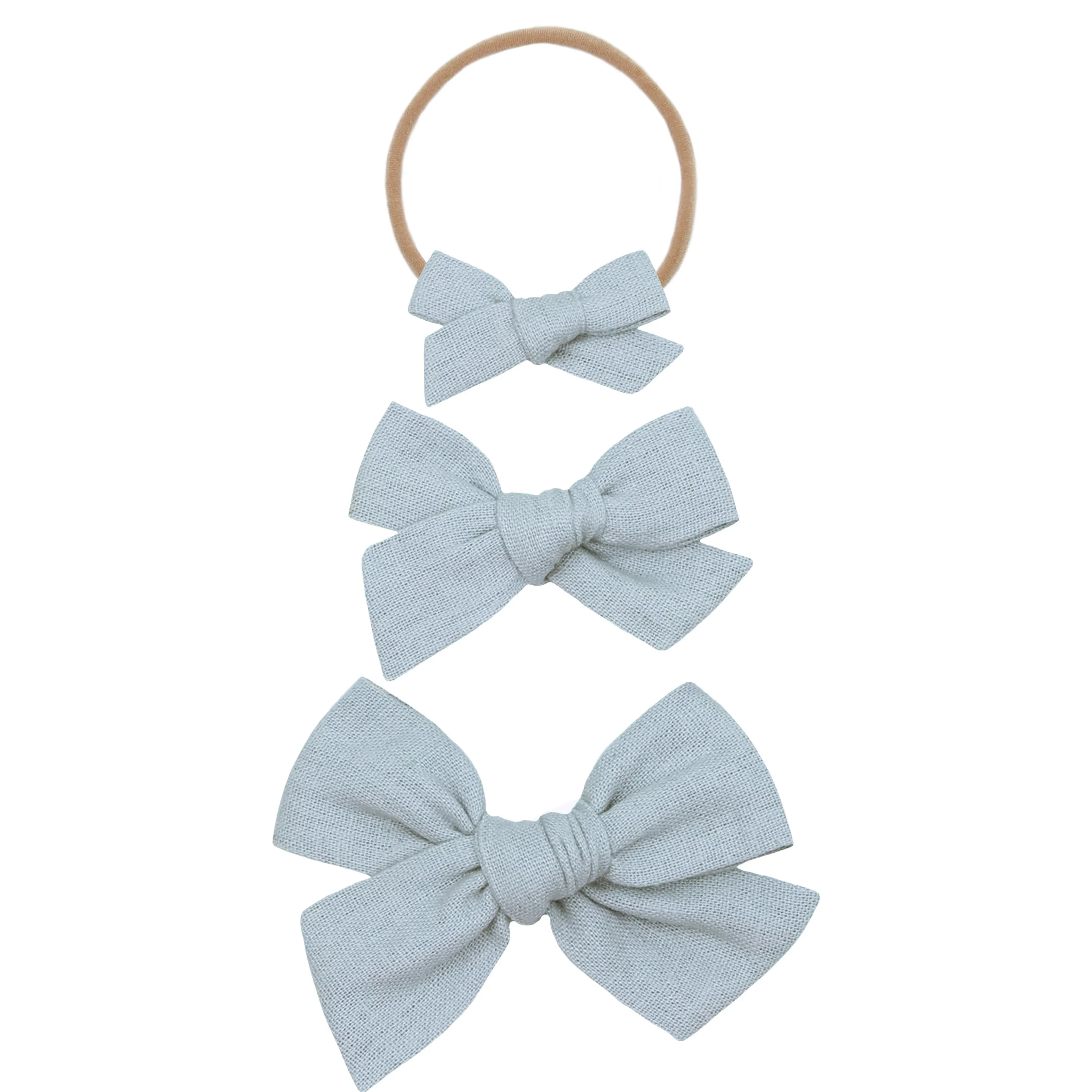 Linen Bow 3 Pack: Grey Chambray Headbands