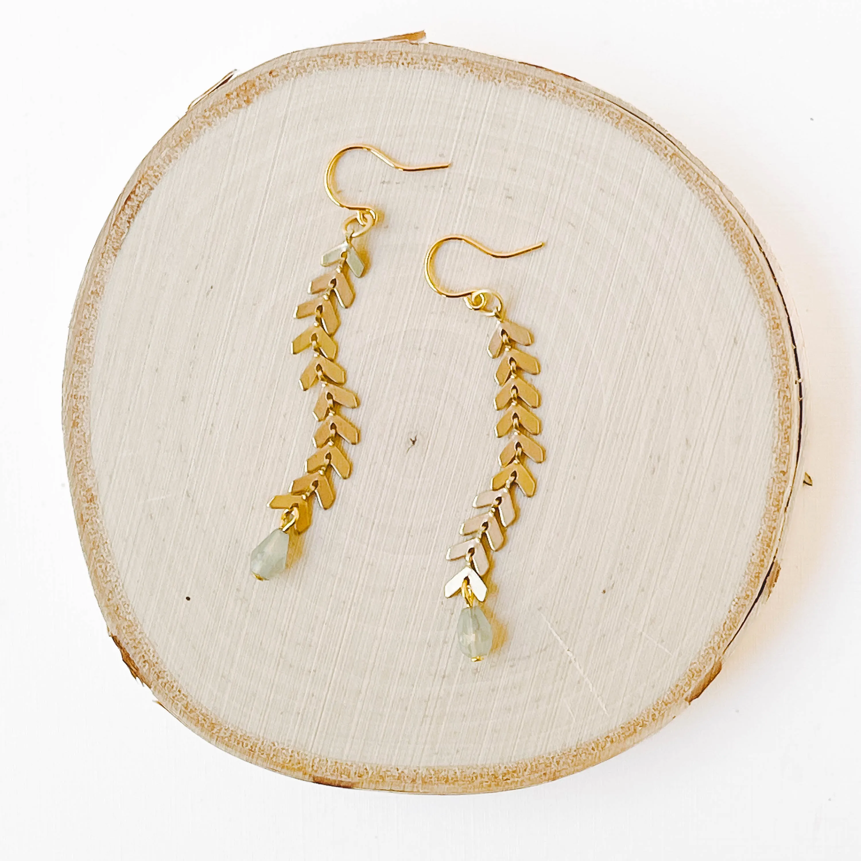 Long Gold Chevron and Pale Grey Bead Earrings