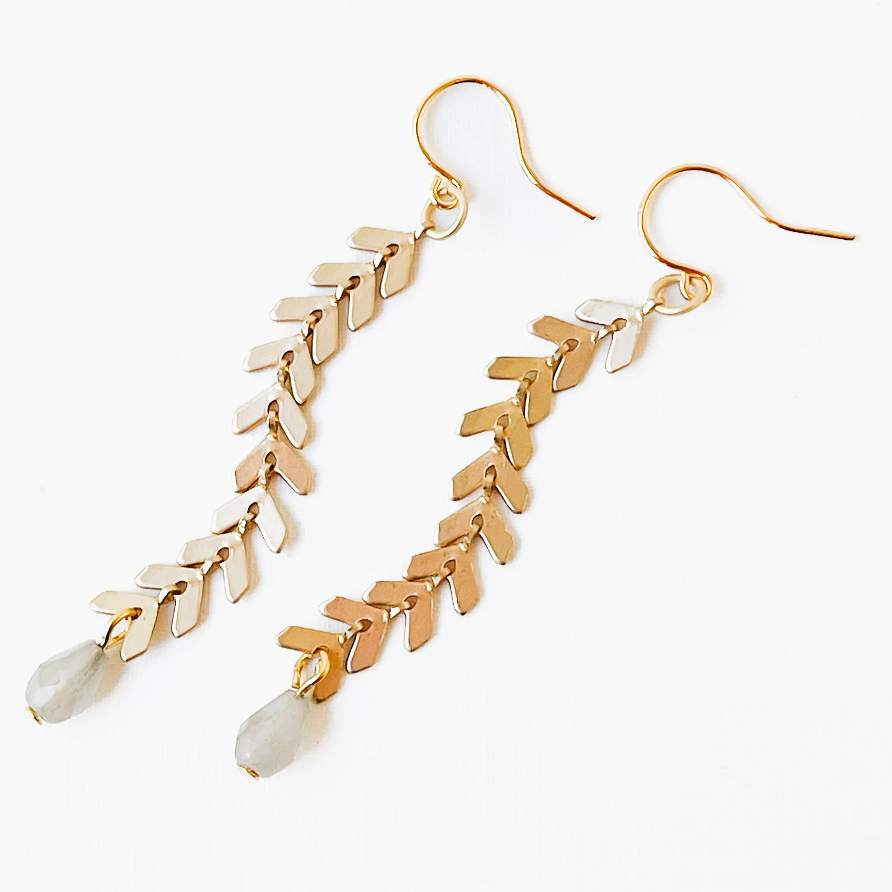 Long Gold Chevron and Pale Grey Bead Earrings