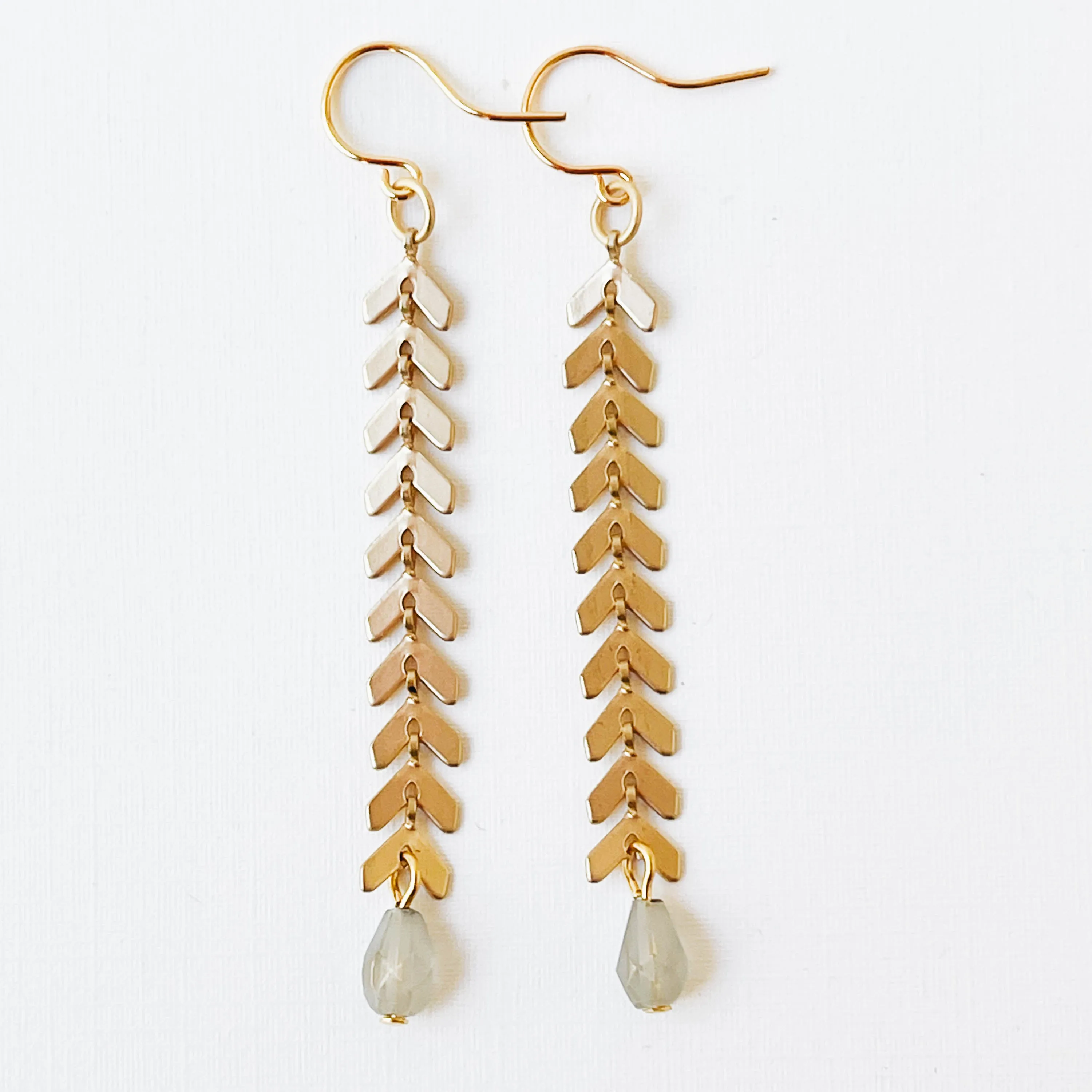 Long Gold Chevron and Pale Grey Bead Earrings