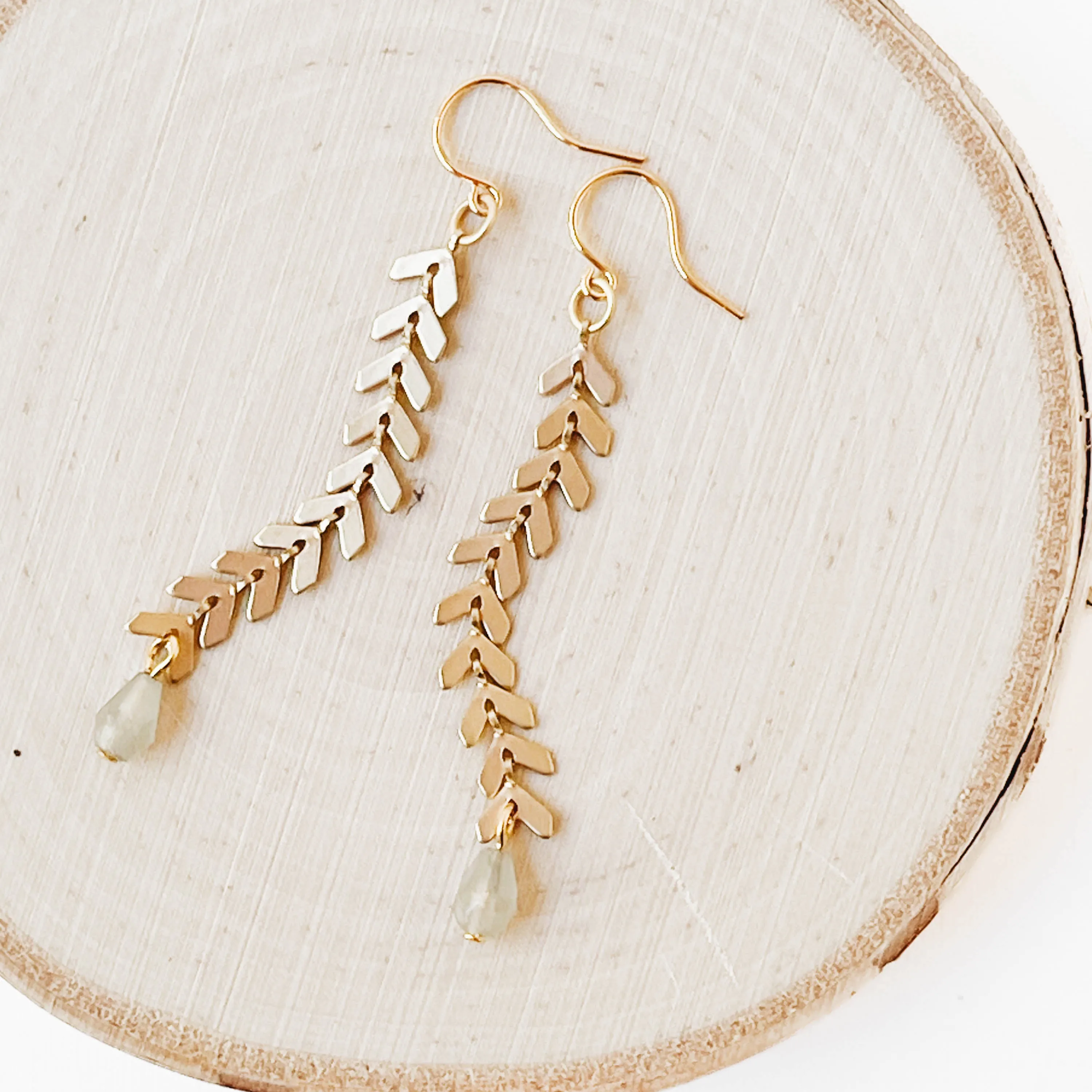 Long Gold Chevron and Pale Grey Bead Earrings