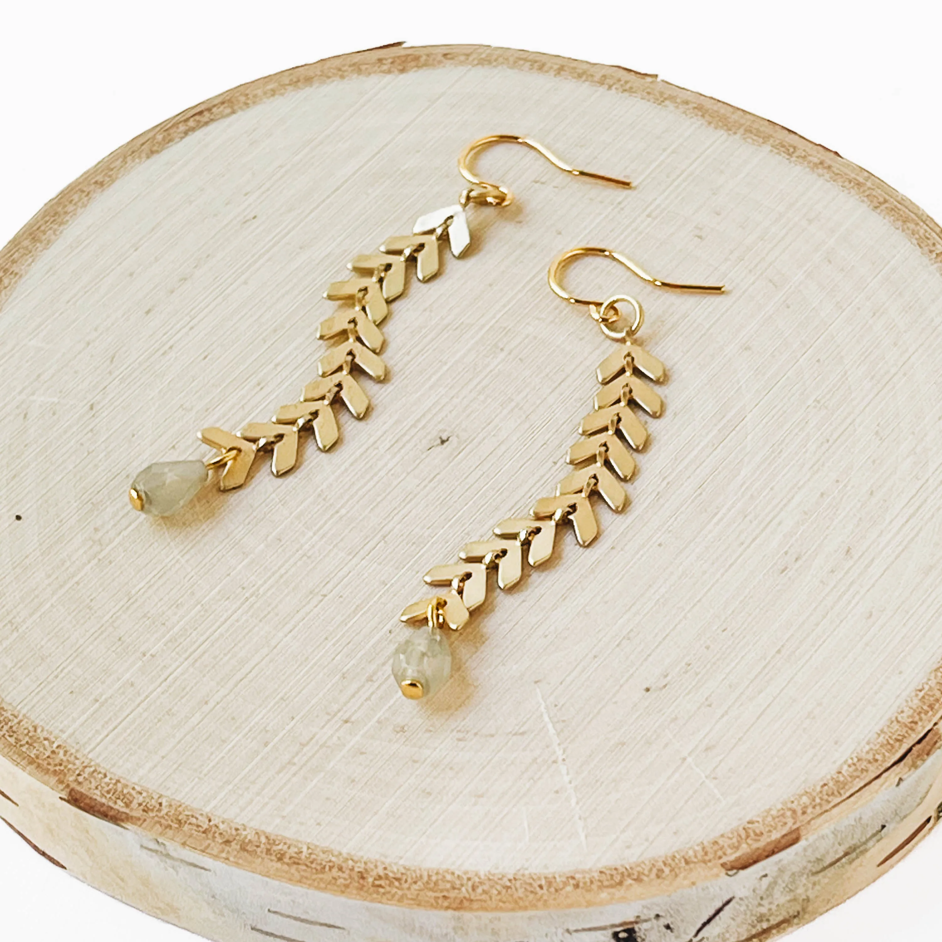 Long Gold Chevron and Pale Grey Bead Earrings