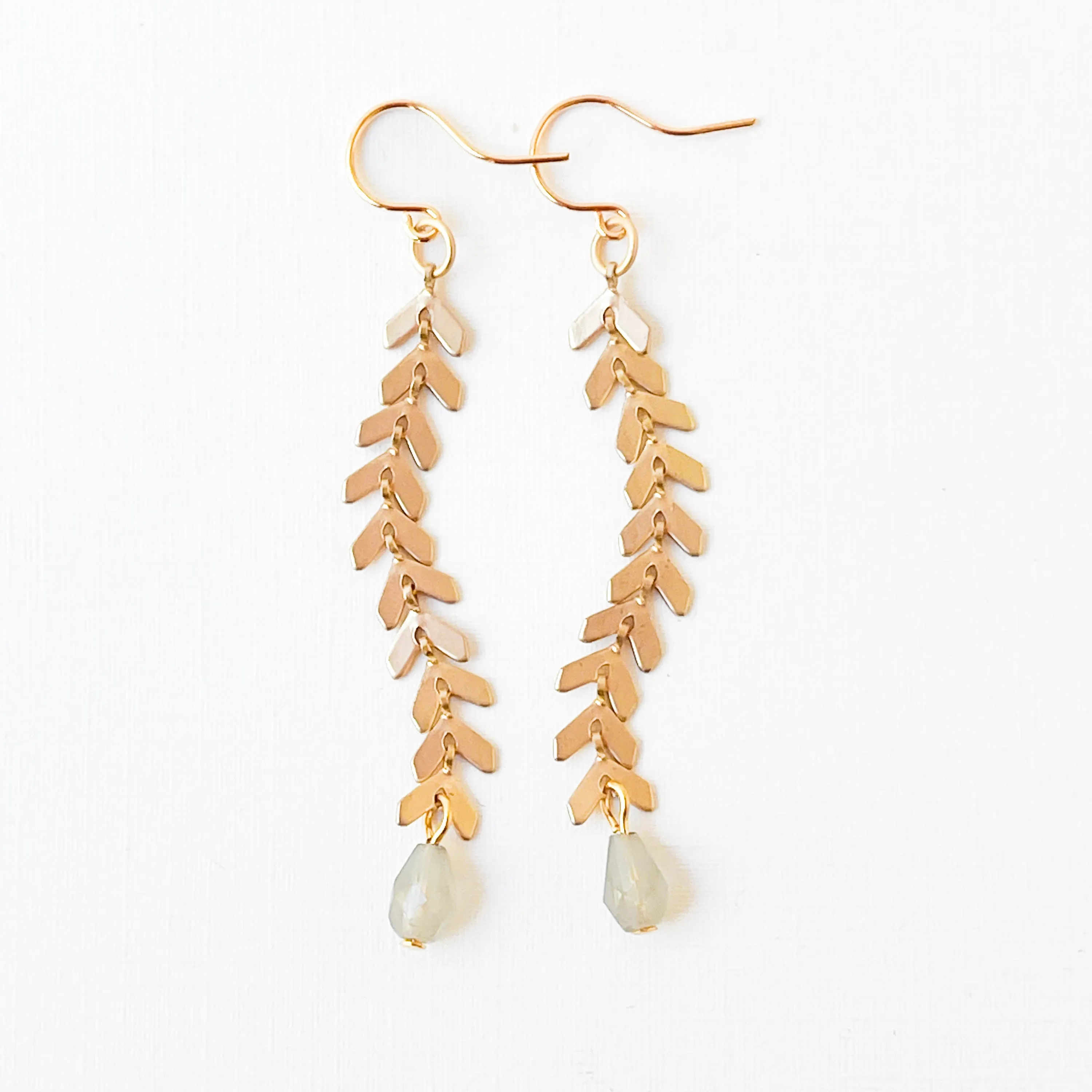 Long Gold Chevron and Pale Grey Bead Earrings