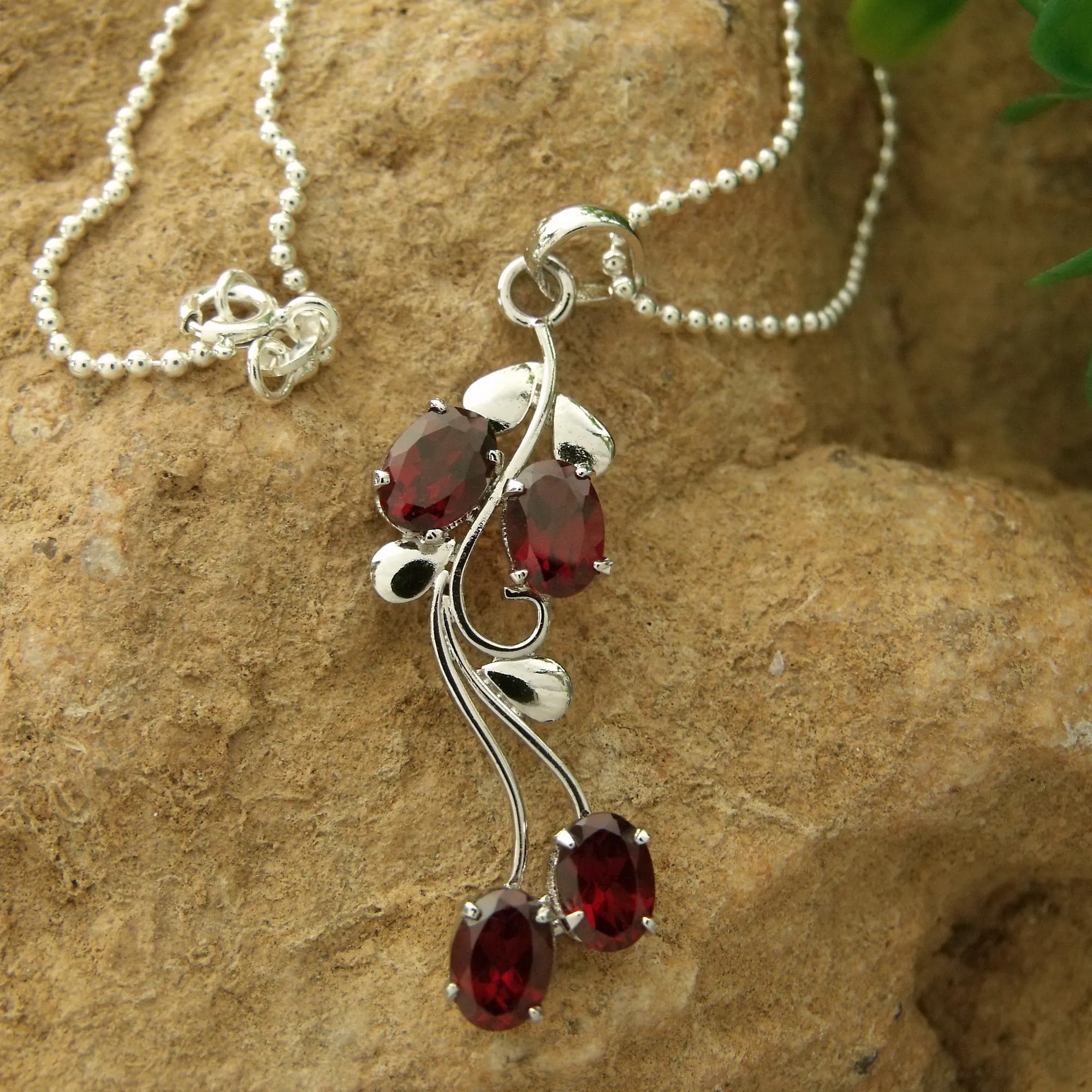 Love Bouquet Sterling Silver and Garnet Pendant Necklace