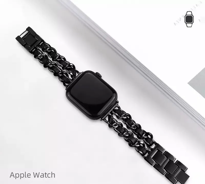 Luxurious Leather Stainless Steel Chain Band For Apple Watch Multiple Colors Available