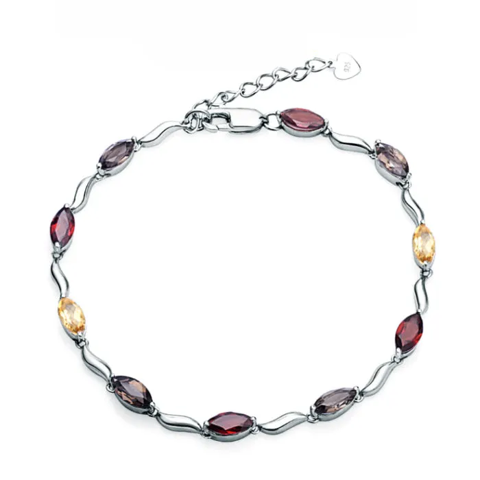 Marquise Shape Natural Gemstones Beading Silver Bracelet