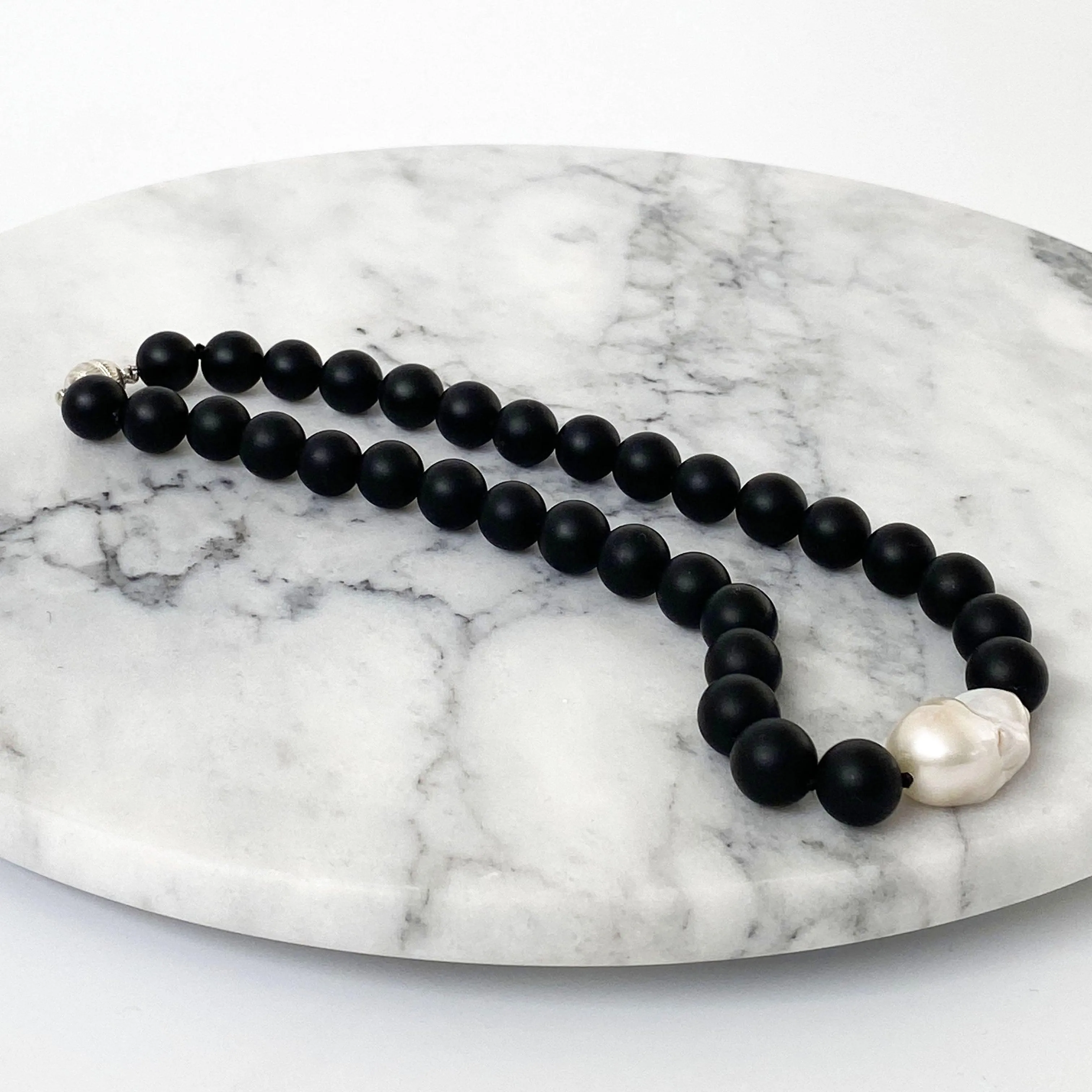 Matt Black Onyx and Baroque Pearl Necklace