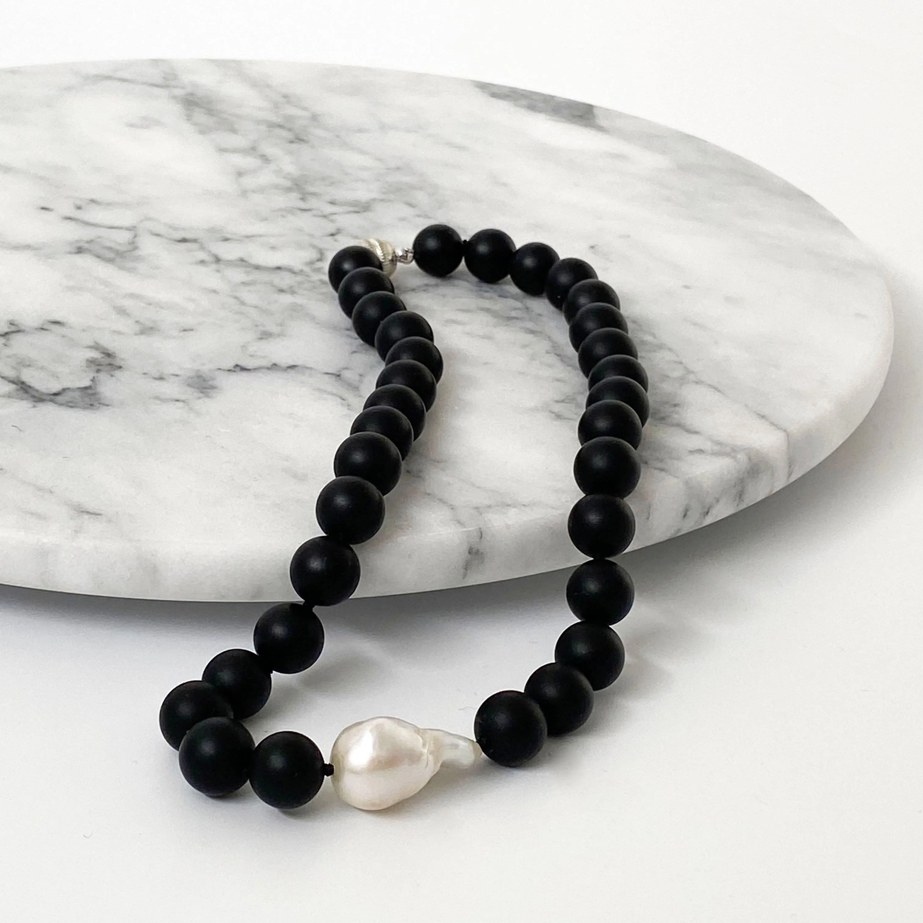 Matt Black Onyx and Baroque Pearl Necklace