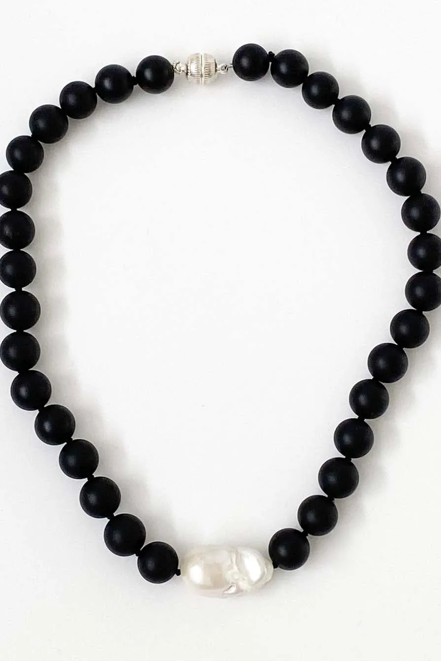 Matt Black Onyx and Baroque Pearl Necklace