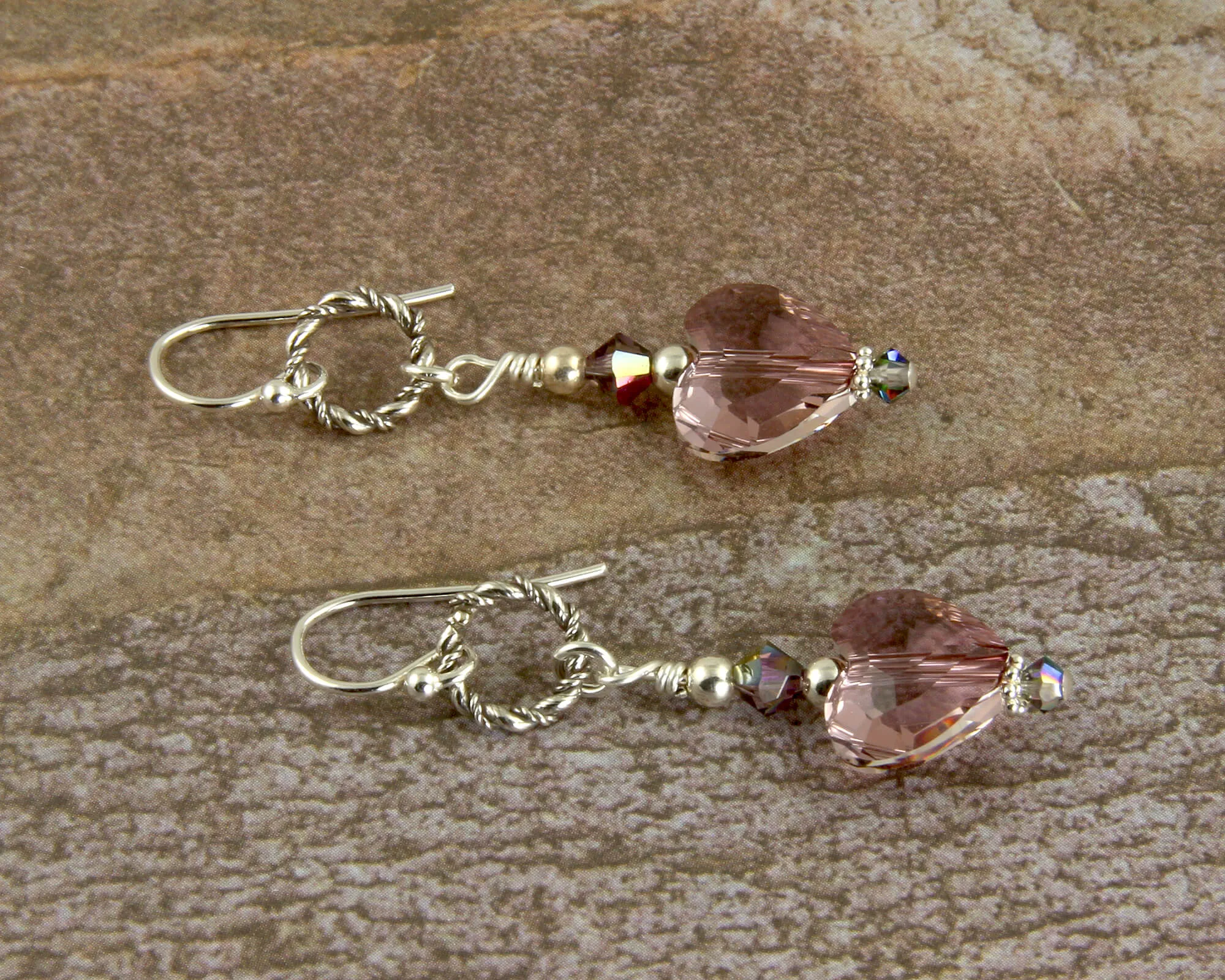 Mauve Swarovski Heart Crystal Earrings, Sterling Silver