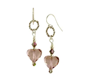 Mauve Swarovski Heart Crystal Earrings, Sterling Silver