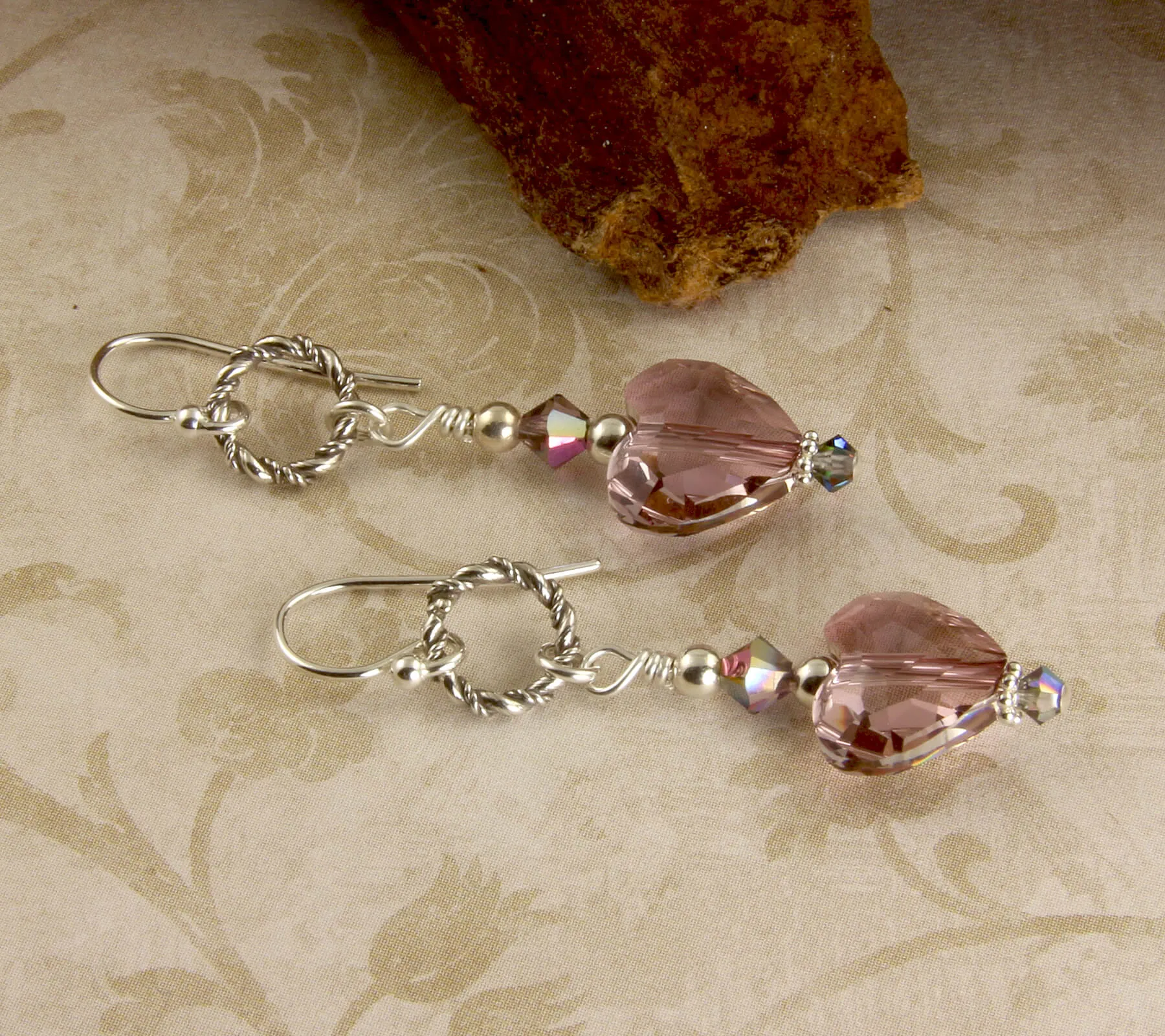 Mauve Swarovski Heart Crystal Earrings, Sterling Silver