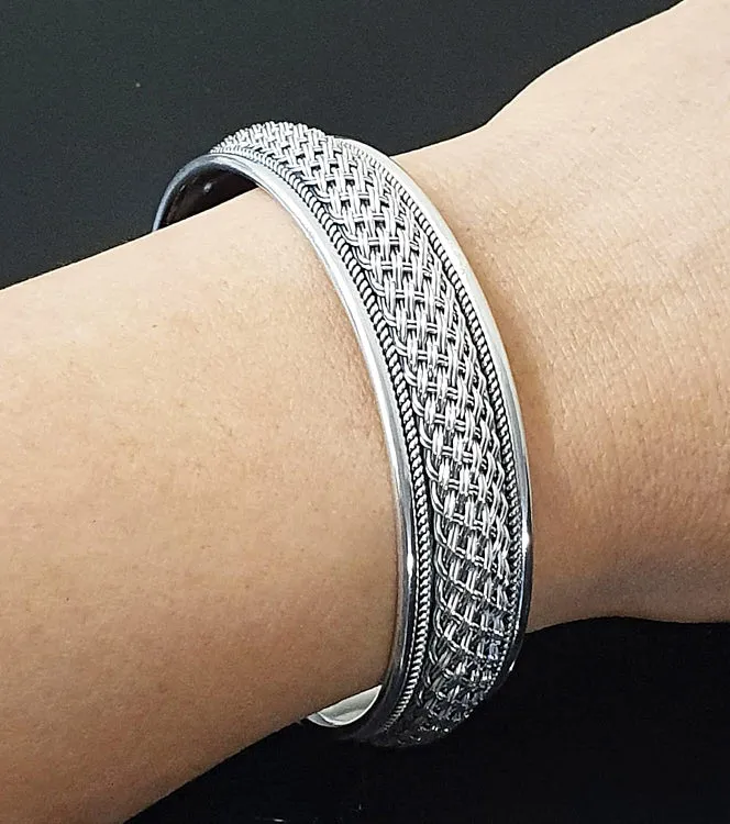 Men's Chunky 925 Sterling Silver Braided Cuff Bangle Bracelet | Bold Silver Jewelry