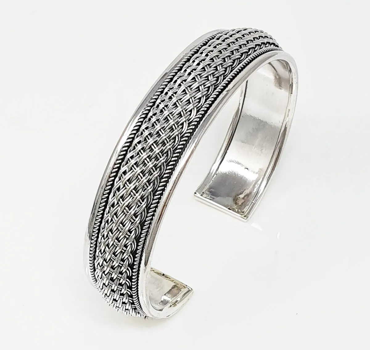 Men's Chunky 925 Sterling Silver Braided Cuff Bangle Bracelet | Bold Silver Jewelry