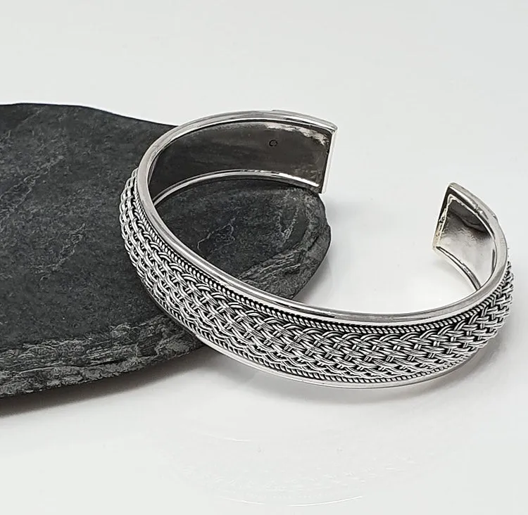 Men's Chunky 925 Sterling Silver Braided Cuff Bangle Bracelet | Bold Silver Jewelry