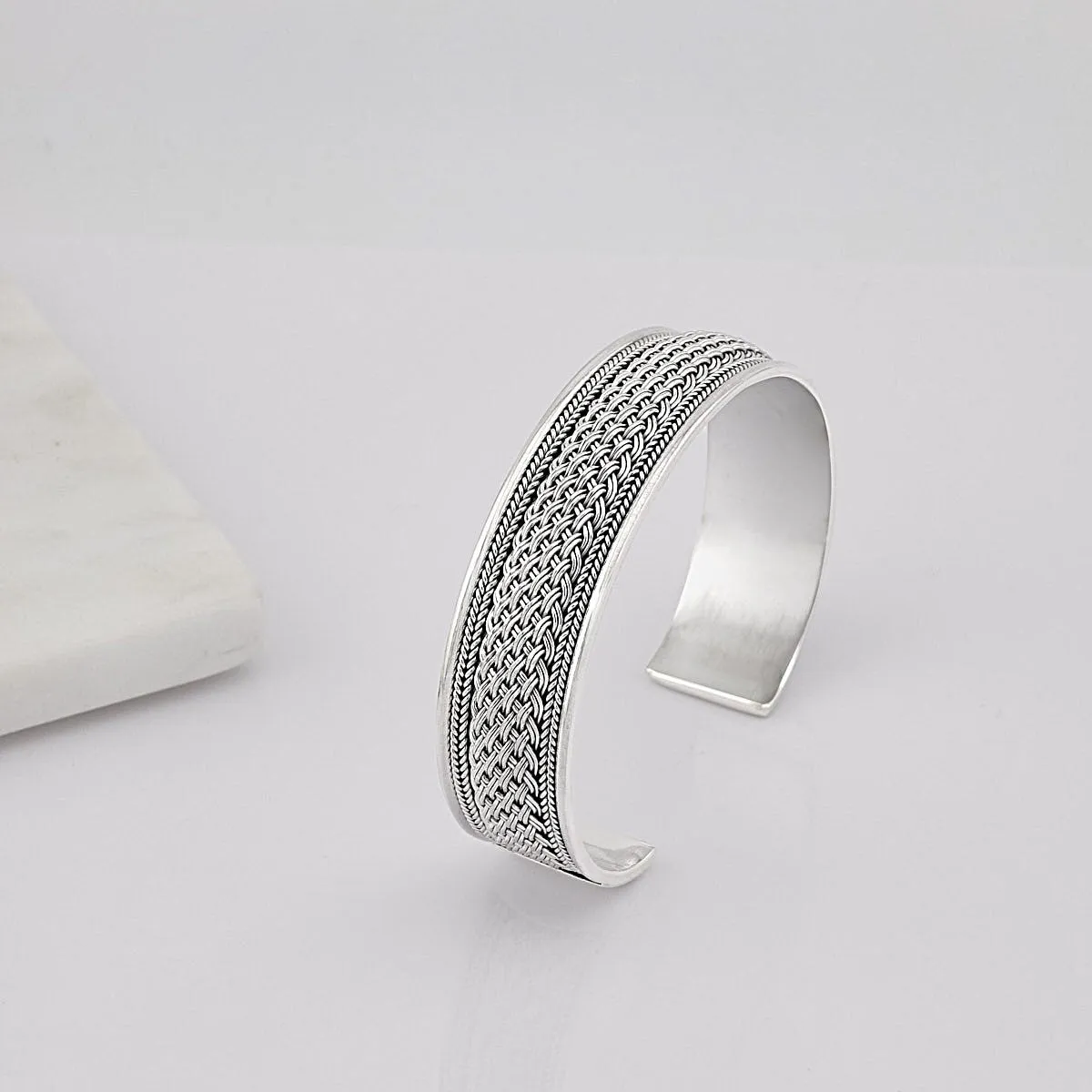 Men's Chunky 925 Sterling Silver Braided Cuff Bangle Bracelet | Bold Silver Jewelry