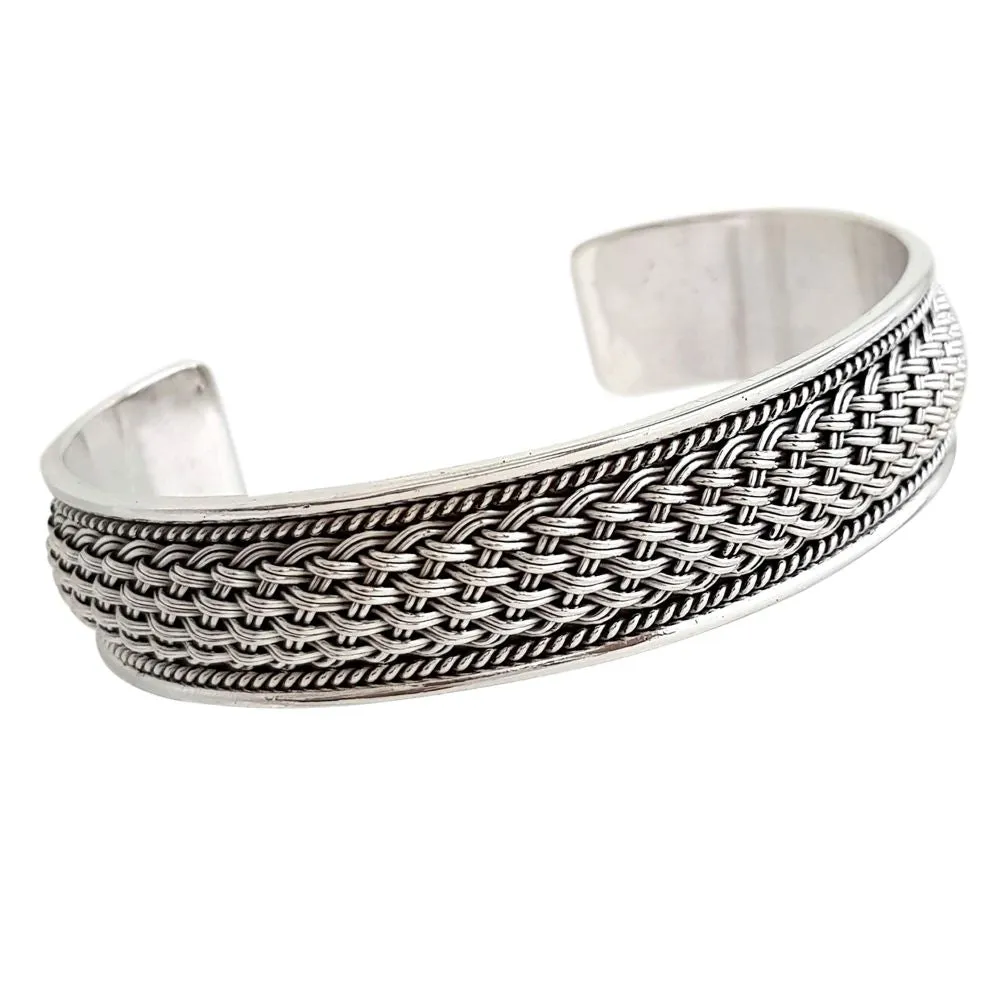 Men's Chunky 925 Sterling Silver Braided Cuff Bangle Bracelet | Bold Silver Jewelry