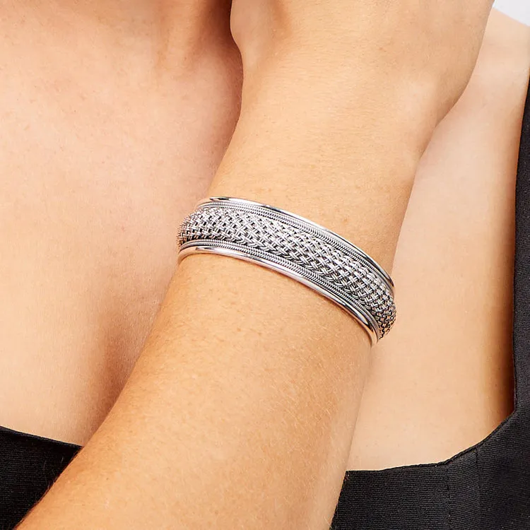 Men's Chunky 925 Sterling Silver Braided Cuff Bangle Bracelet | Bold Silver Jewelry