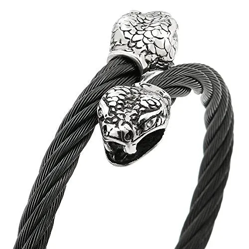 Mens Snake Head Bangle Stainless Steel Cuff Bracelet Silver Black with Cubic Zirconia