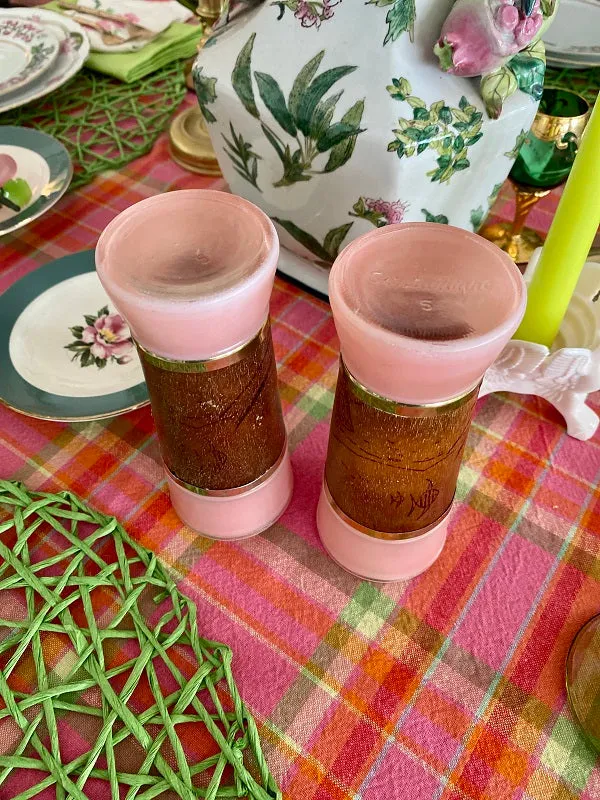 Mid Century Modern Siesta Ware Pink Glasses, Set of 2 with Wooden Motif