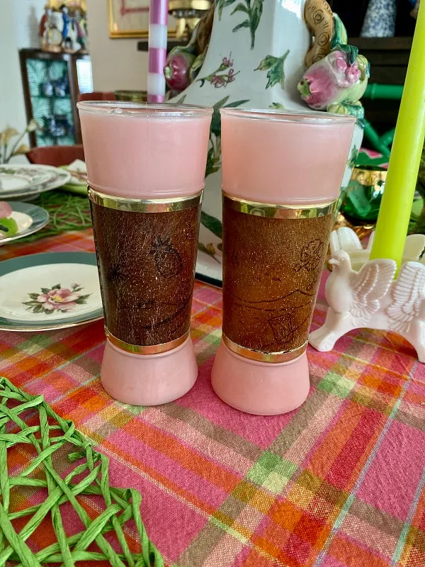 Mid Century Modern Siesta Ware Pink Glasses, Set of 2 with Wooden Motif