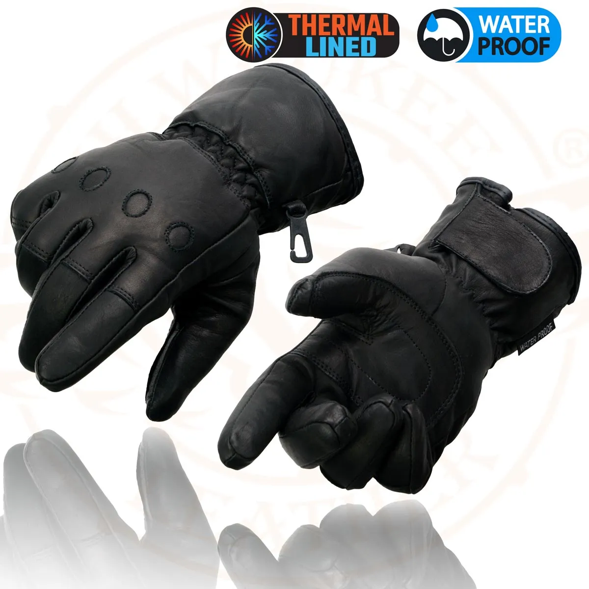 Milwaukee Leather Men's Black Gauntlet Motorcycle Hand Gloves-Black Soft Leather Waterproof Sinch Wrist Closure-SH293