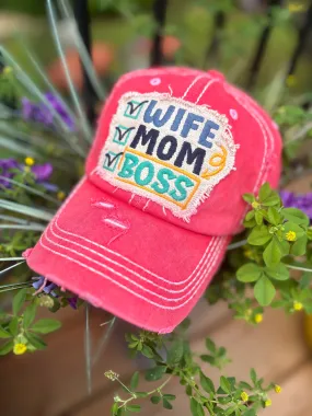 Mom Wife Boss hat Salmon colored embroidered adjustable  Womens pink orange cap