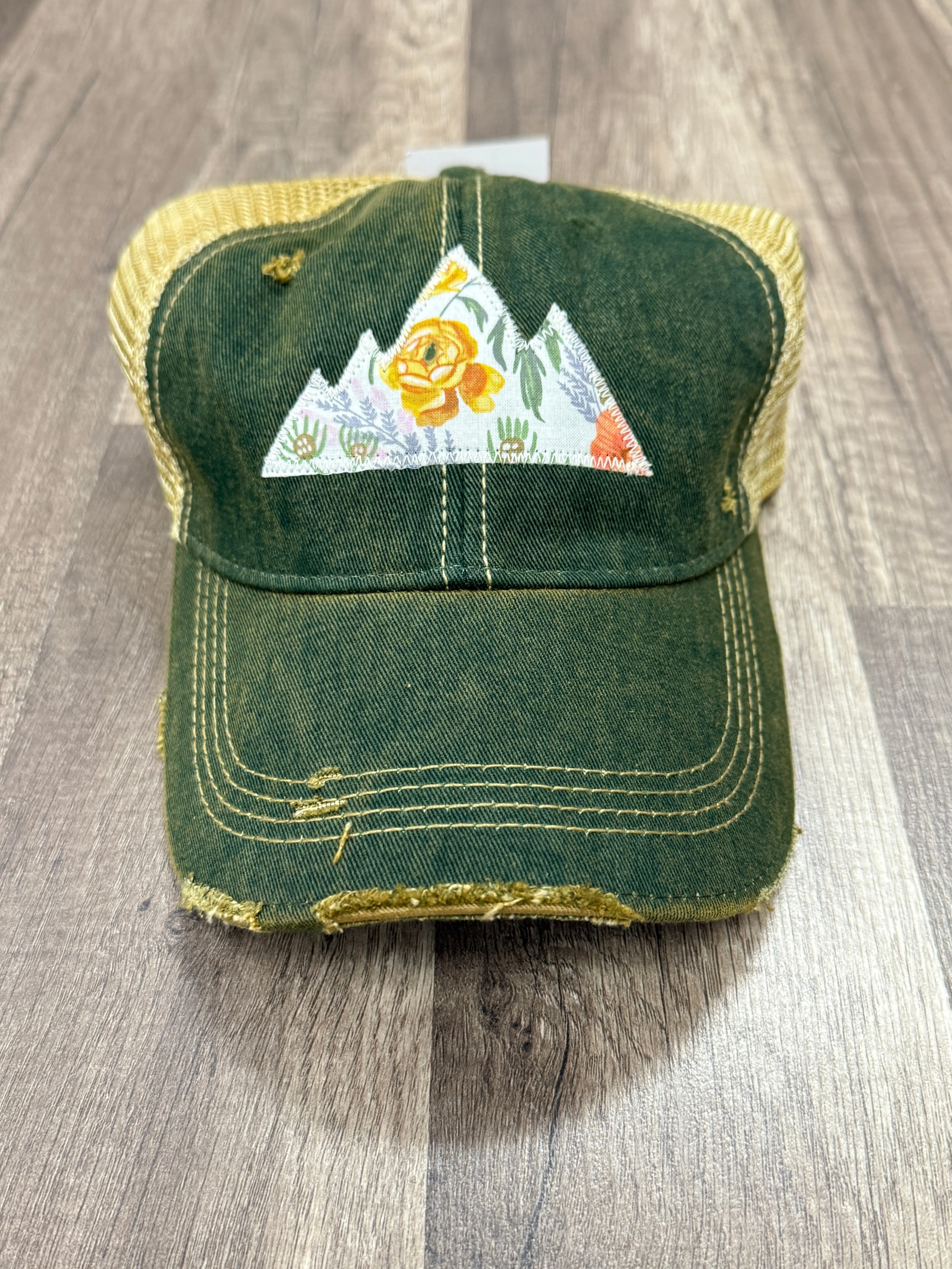 Mountain Floral Patch "Dirty Look" Trucker Hat-Dk Green