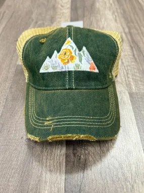 Mountain Floral Patch "Dirty Look" Trucker Hat-Dk Green