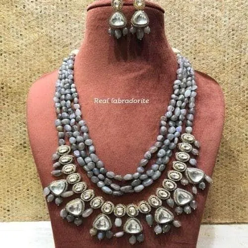 Multi Layered Precious Stone Polki Hanging Necklace