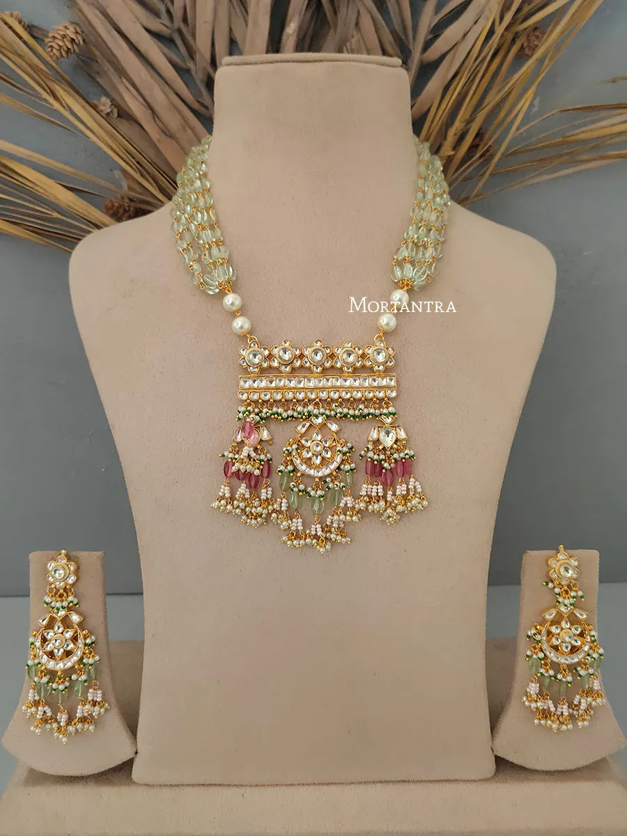 Multicolor Gold Plated Jadau Kundan Necklace Set - MS1691Y