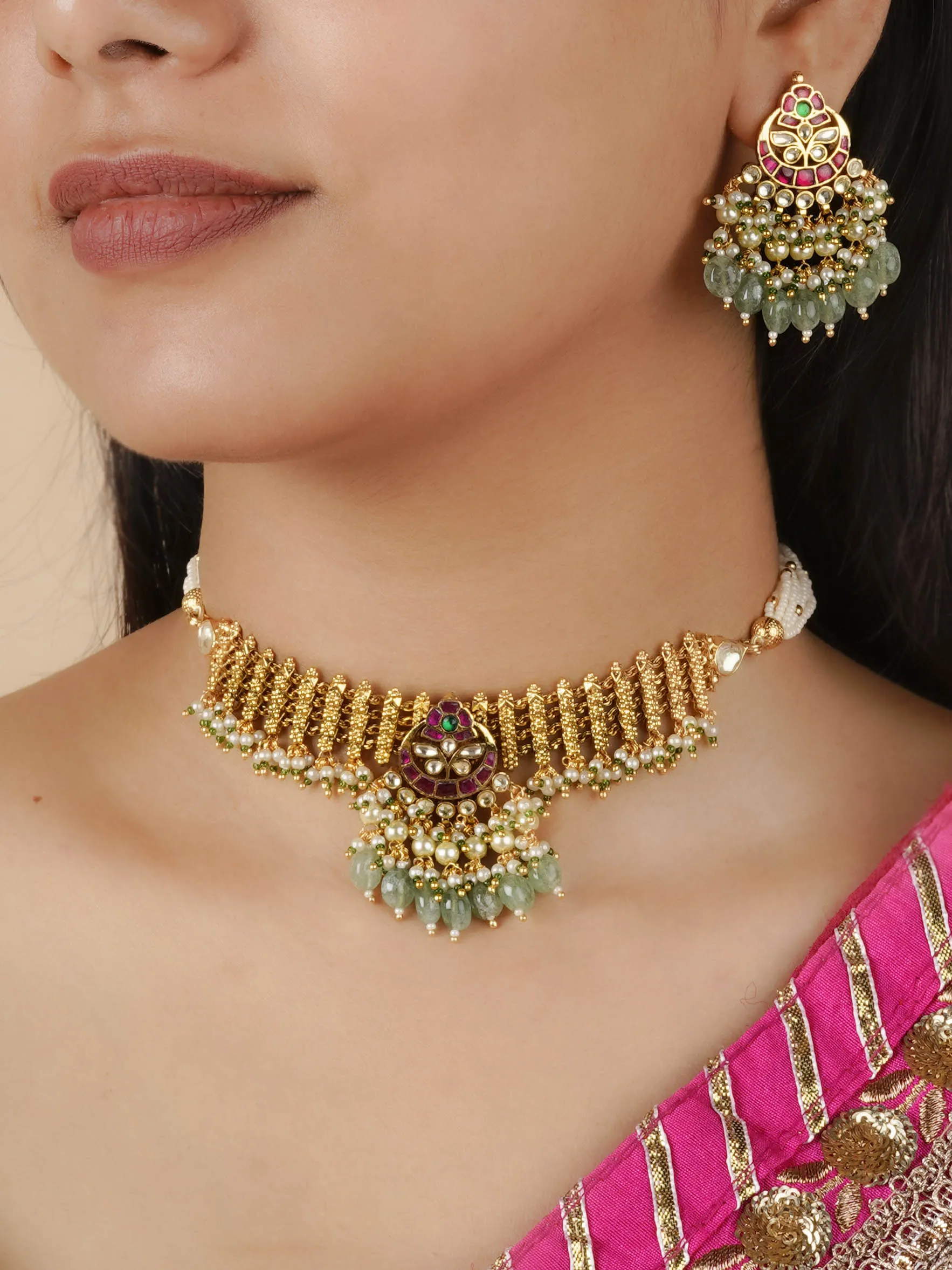 Multicolor Gold Plated Jadau Kundan Necklace Set - MS1868M