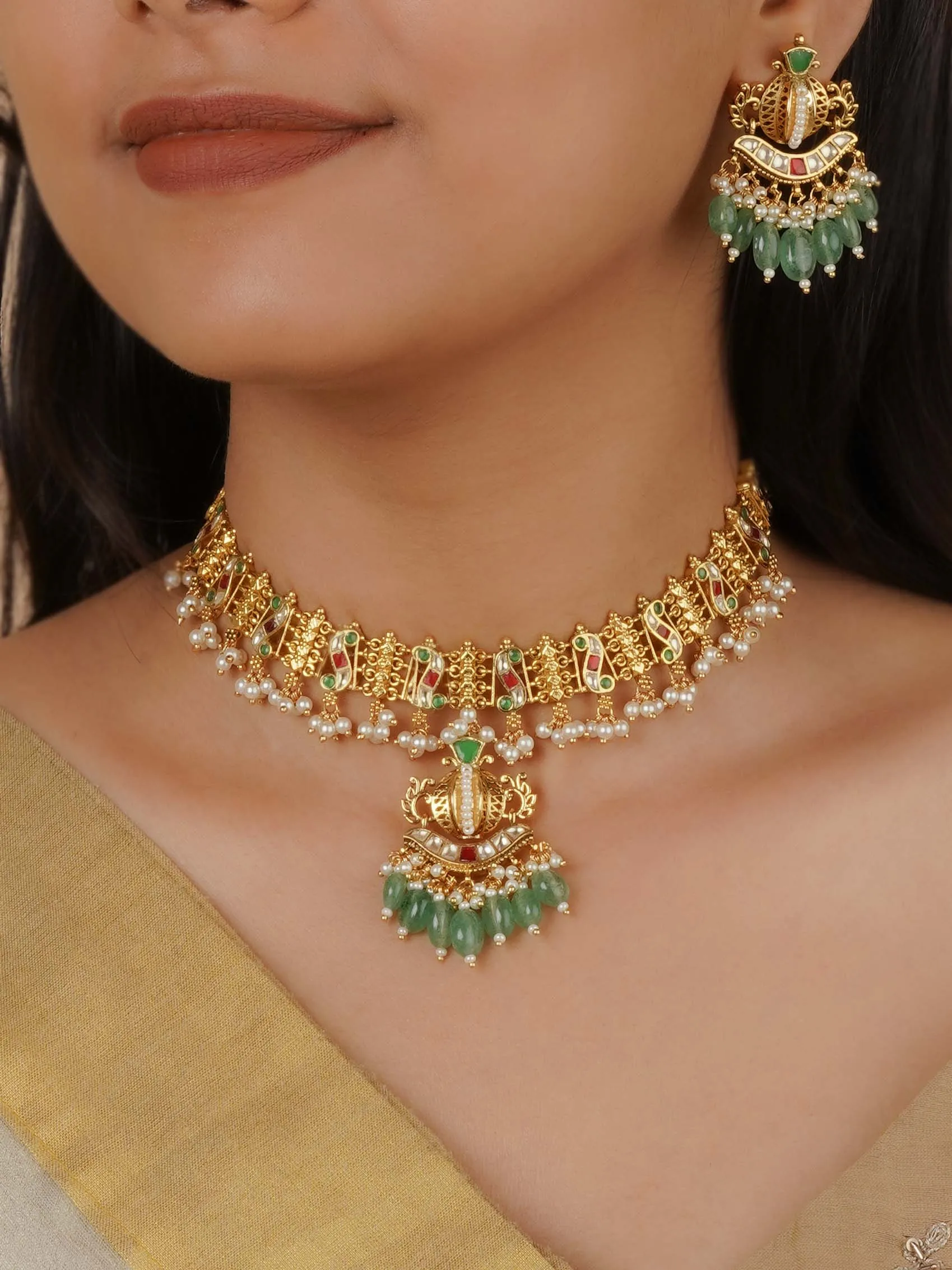 Multicolor Gold Plated Jadau Kundan Necklace Set - MS2180M