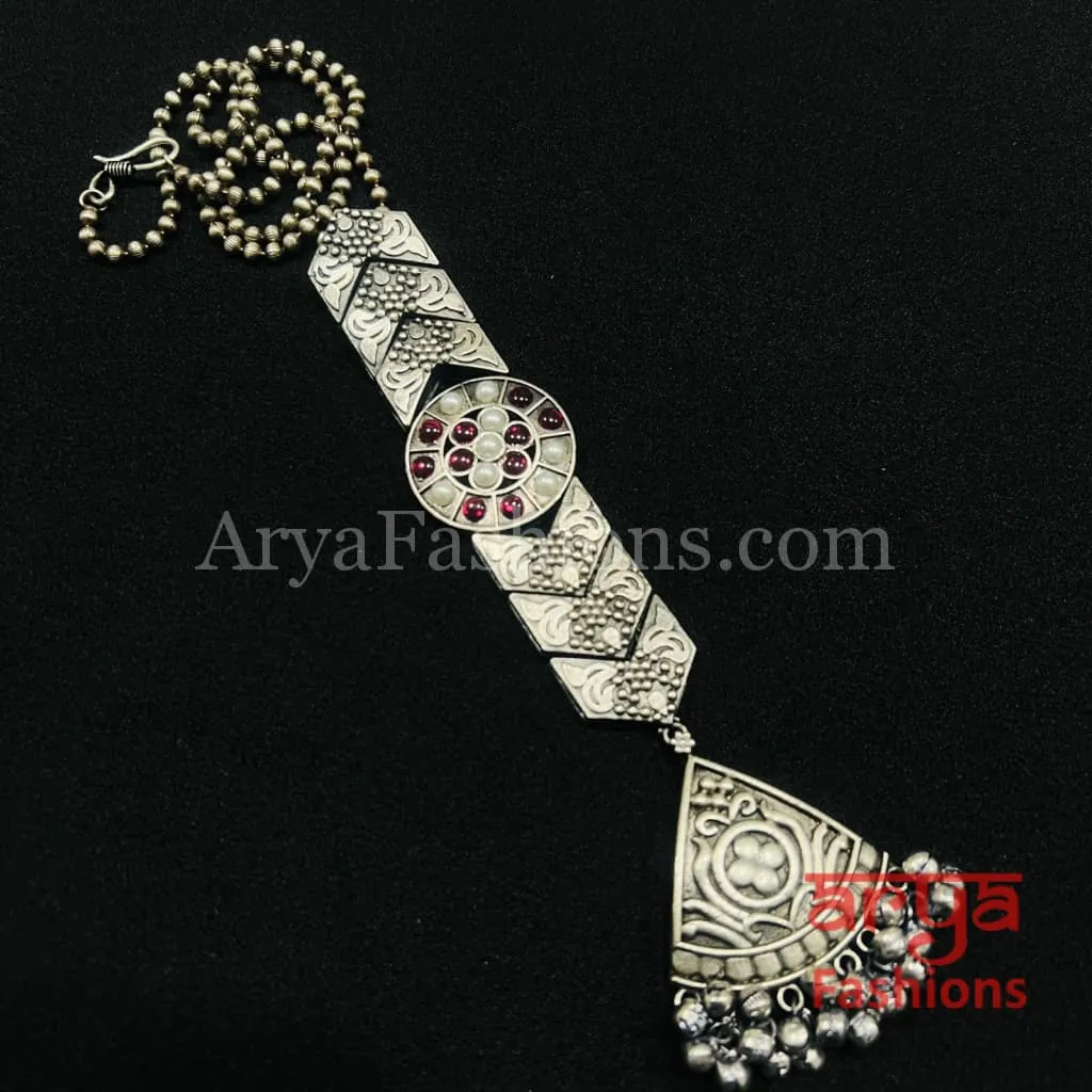 Multicolor Long Tie Oxidized Silver Pendant Necklace