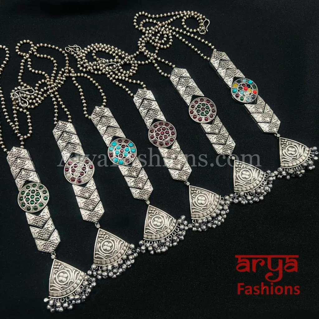 Multicolor Long Tie Oxidized Silver Pendant Necklace