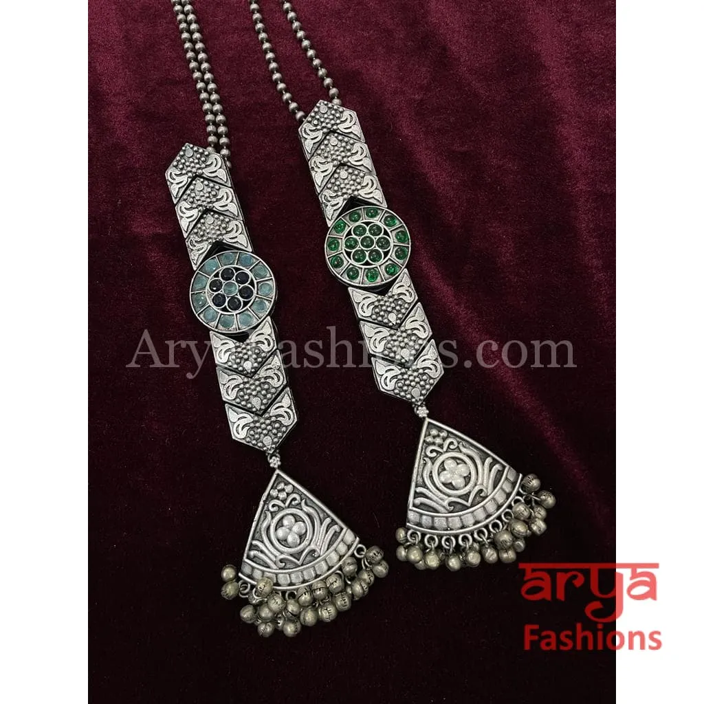 Multicolor Long Tie Oxidized Silver Pendant Necklace