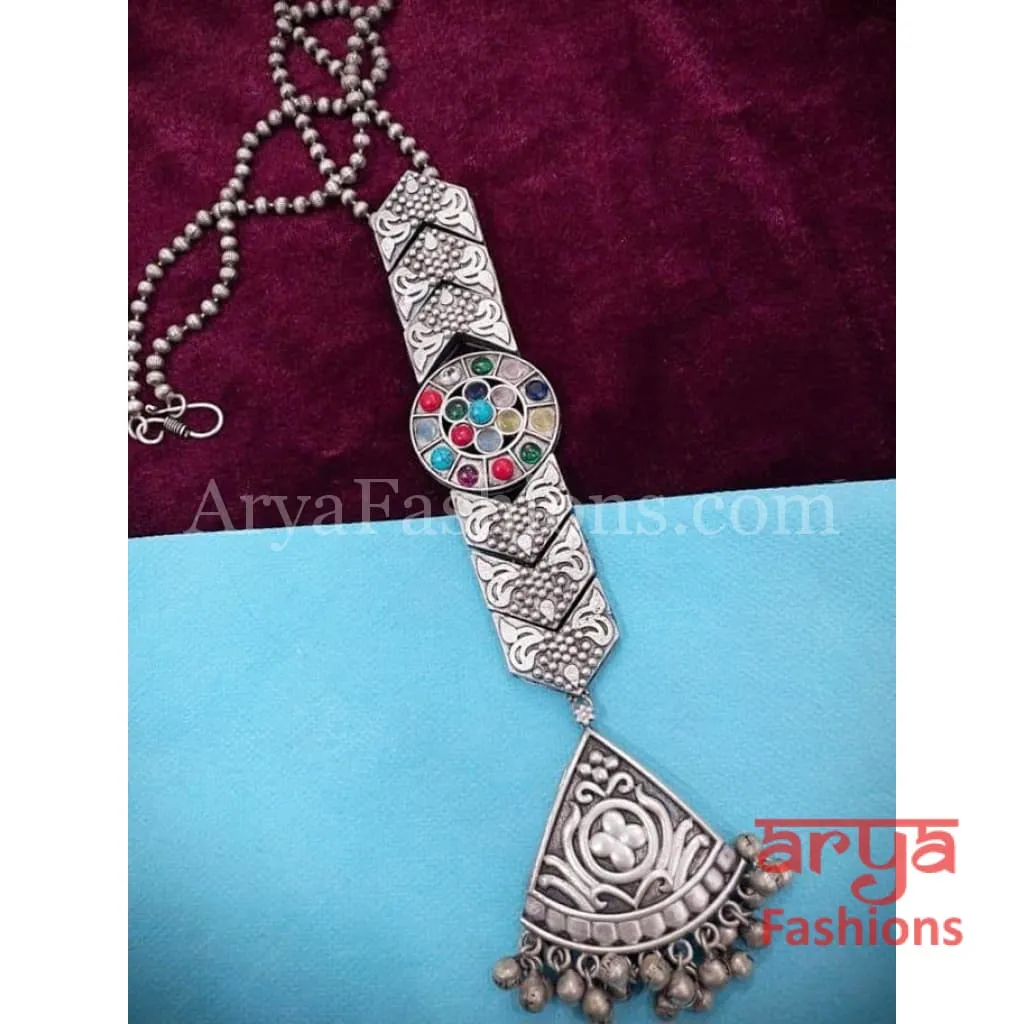 Multicolor Long Tie Oxidized Silver Pendant Necklace