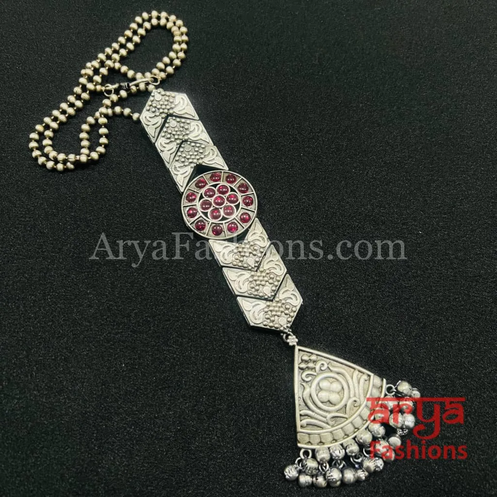 Multicolor Long Tie Oxidized Silver Pendant Necklace