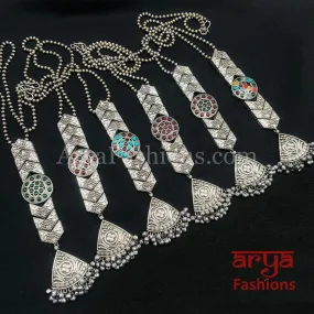 Multicolor Long Tie Oxidized Silver Pendant Necklace