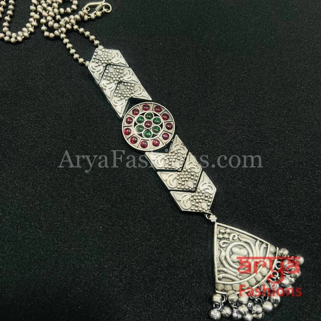 Multicolor Long Tie Oxidized Silver Pendant Necklace