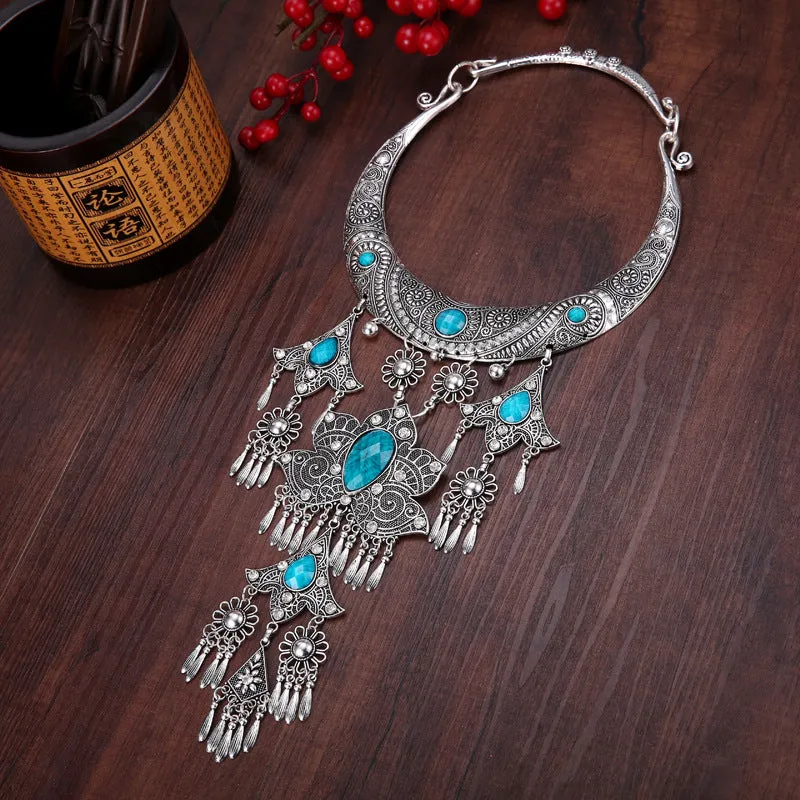 National Style Retro Gem Big Necklace Miao Tassel Necklace ancient silver ornament