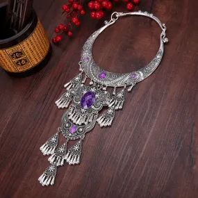 National Style Retro Gem Big Necklace Miao Tassel Necklace ancient silver ornament