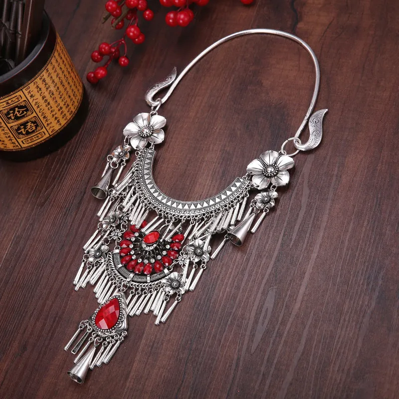 National Style Retro Gem Big Necklace Miao Tassel Necklace ancient silver ornament