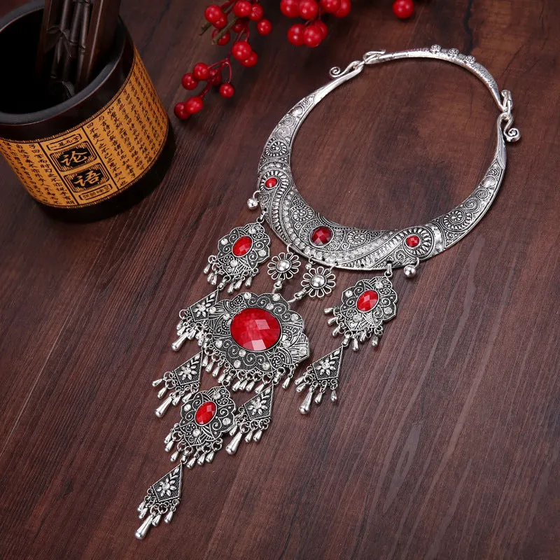 National Style Retro Gem Big Necklace Miao Tassel Necklace ancient silver ornament