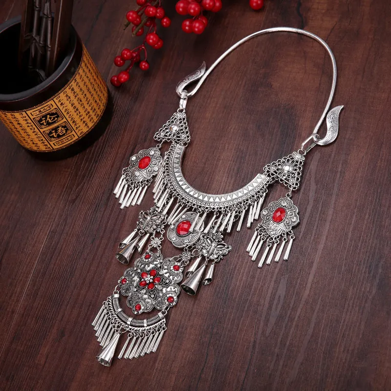 National Style Retro Gem Big Necklace Miao Tassel Necklace ancient silver ornament