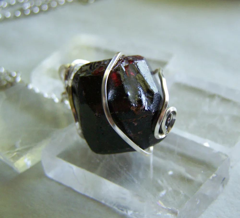 Natural Burgundy Garnet Gemstone Wire Wrapped Pendant