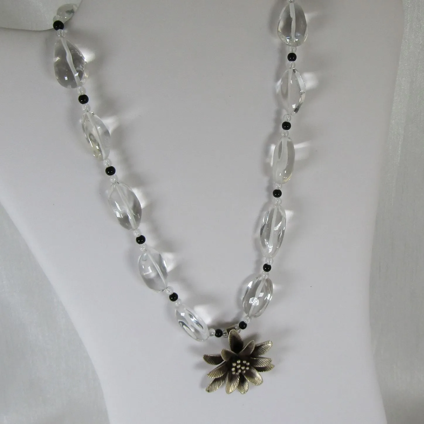 Necklace in Clear Quartz  with Silver Flower Pendant