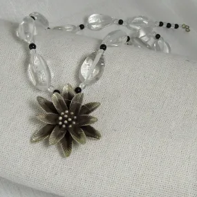 Necklace in Clear Quartz  with Silver Flower Pendant